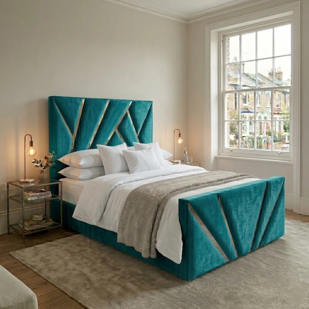Teal PRISM bed frame with gold strip headboard and matching footboard