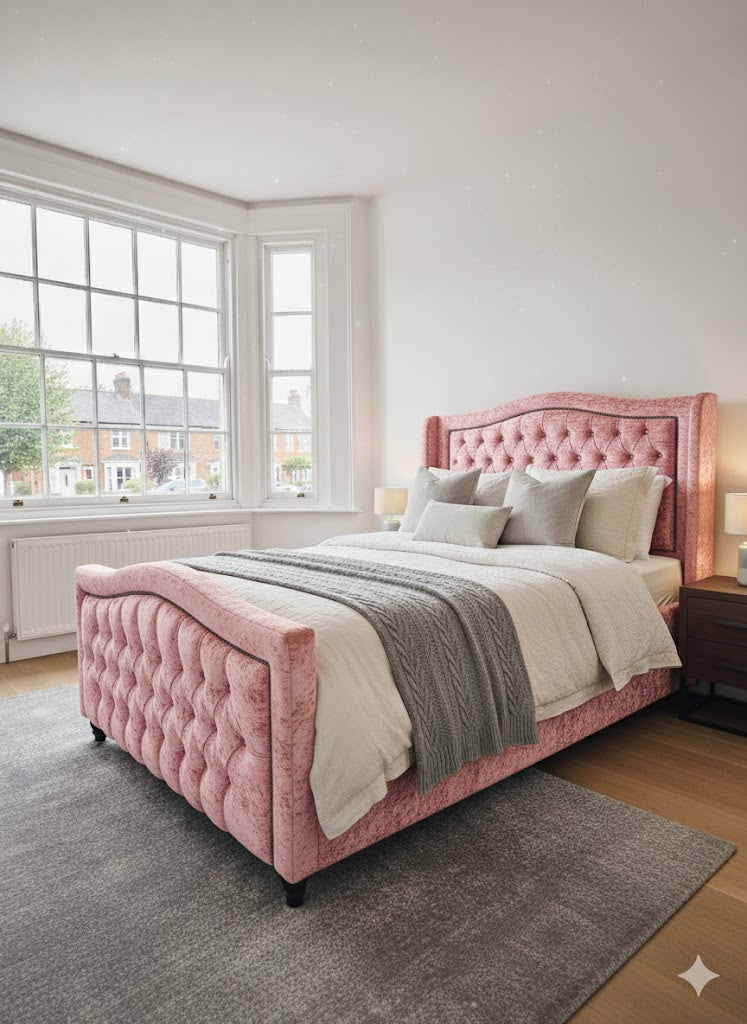 Frame Bed Crush Velvet - curve button and beading Headboard