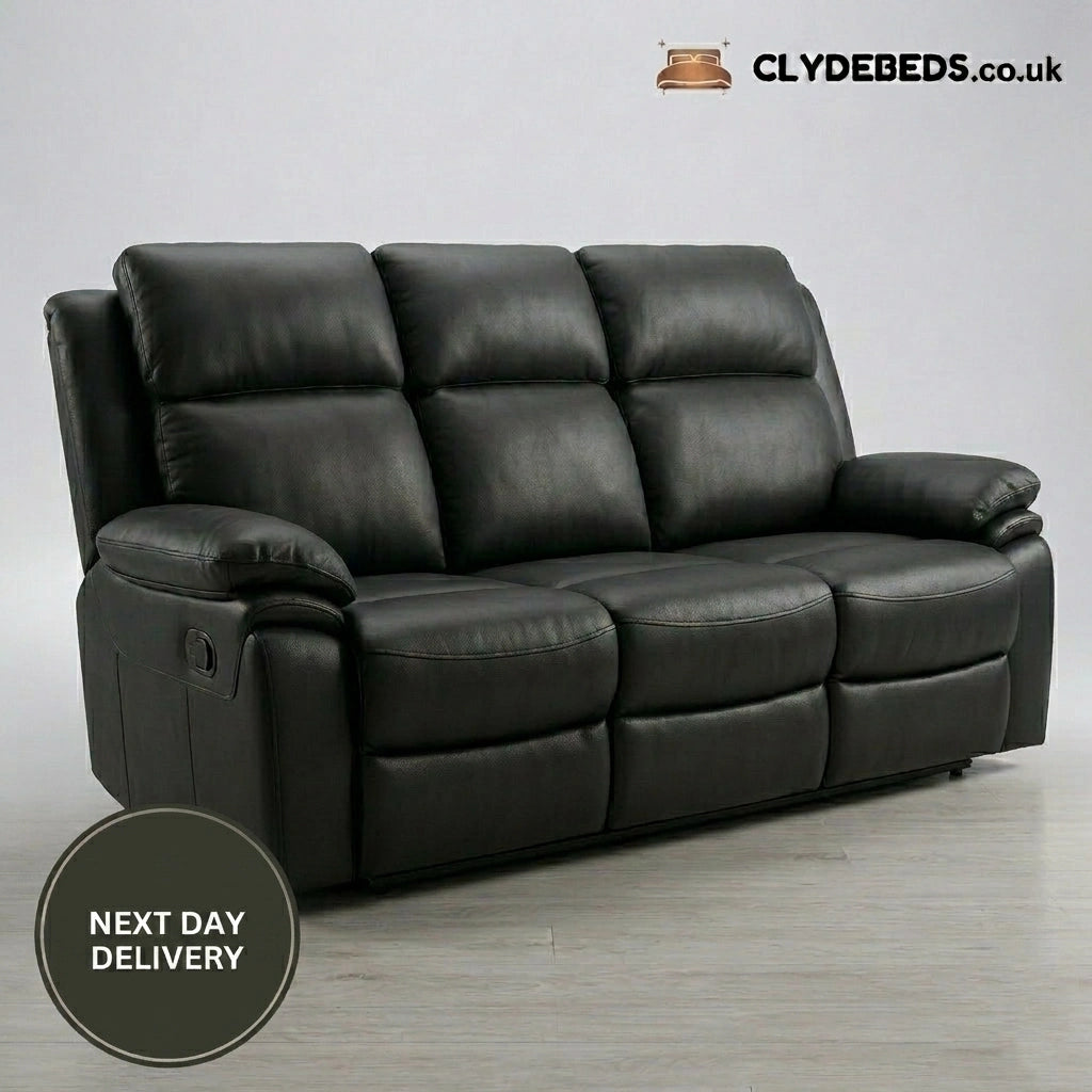 Valencia Bonded Leather Manual Recliner 3 Seater Sofa in Black