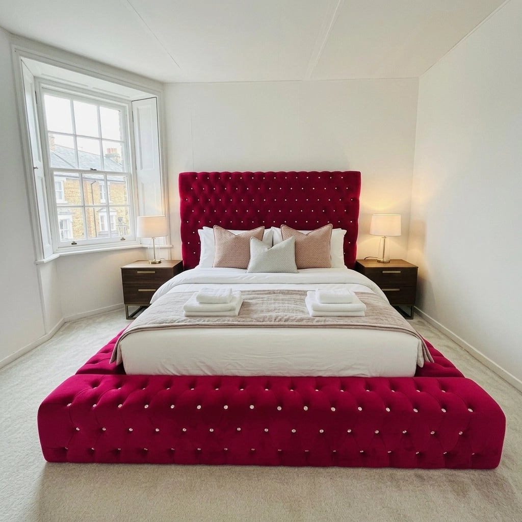 Velvet maroon Ambassador bed frame with 64 inch Chesterfield headboard