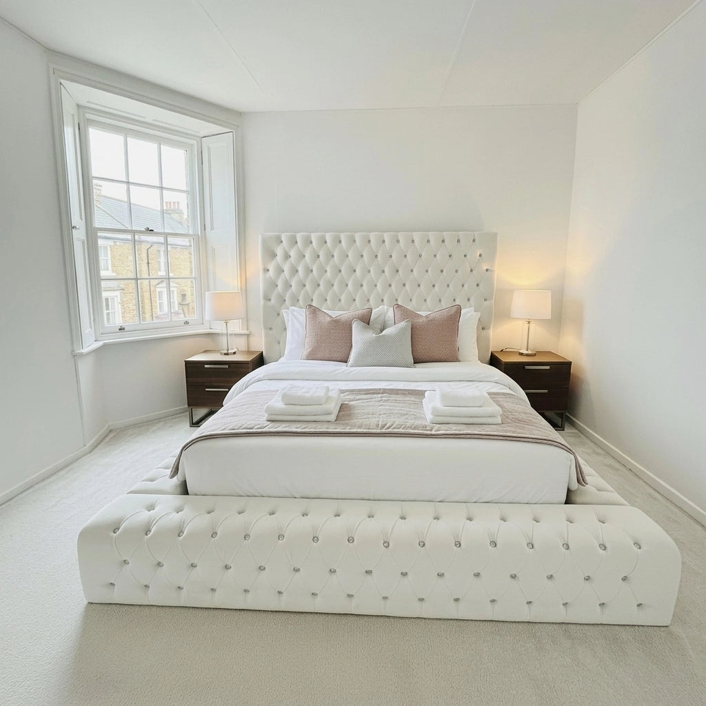 White Ambassador bed frame with full Chesterfield headboard