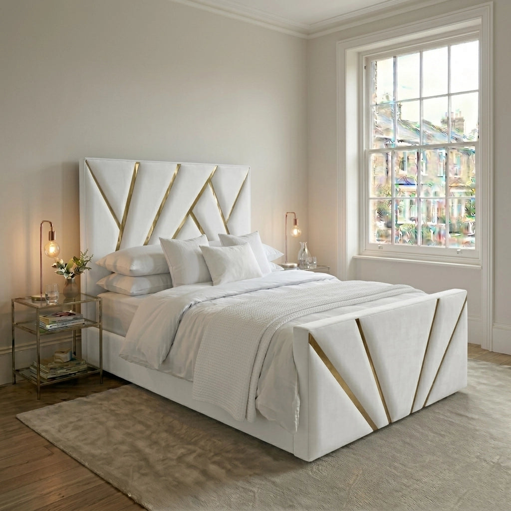 White PRISM bed frame with gold strip 54 inch headboard and footboard