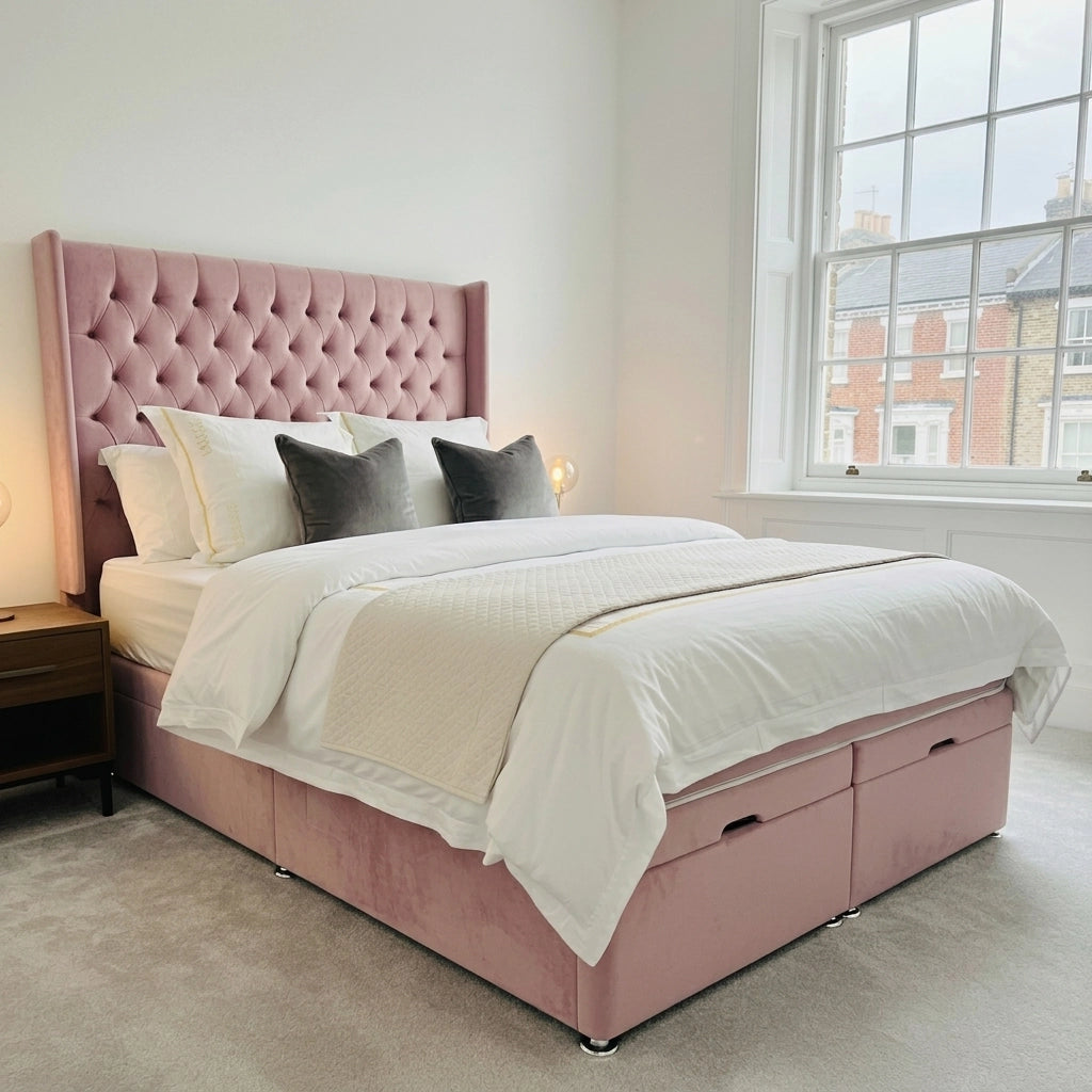 Wing Chesterfield ottoman bed in Plush Pink