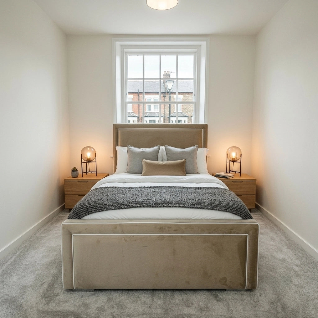 Zara plush velvet bed frame in beige